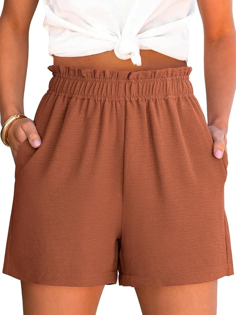 High-Waist Elastic Paperbag Shorts — Rust